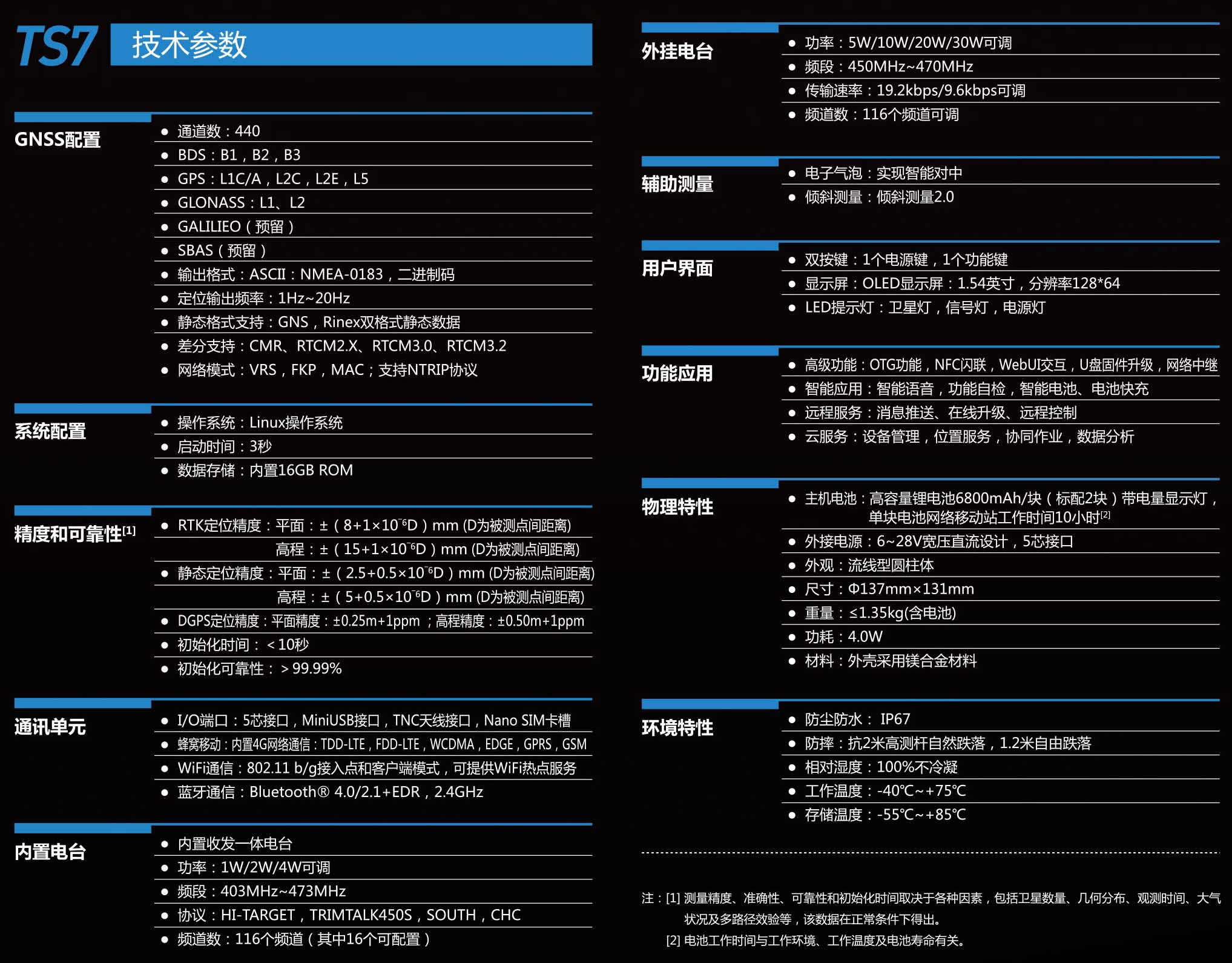北斗海達(dá)TS7小型RTK測(cè)量系統(tǒng)技術(shù)參數(shù)